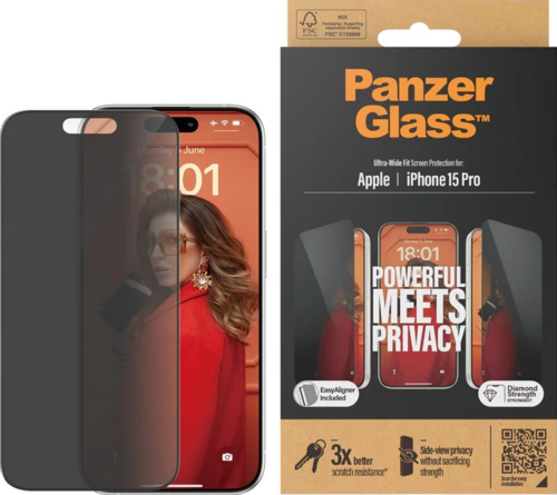 PanzerGlass Privacy Ultra Wide Fit Glass - Clear - for iPhone 15 Pro