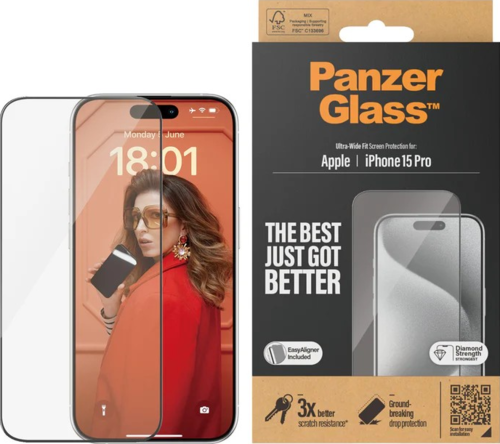 PanzerGlass Screen Protector Ultra-Wide Fit - Clear - for iPhone 15 Pro