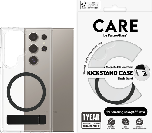 CARE. by PZG Feature Case w. Noir Kickstand & QI - Clear -  Samsung S25 Ultra CARE. by PZG Feature Case w. Noir Kickstand & QI - Clear -  Samsung S25 Ultra
