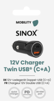 Sinox 12V Double Car Charger. USB A 18W + USB C 20W - Zwart